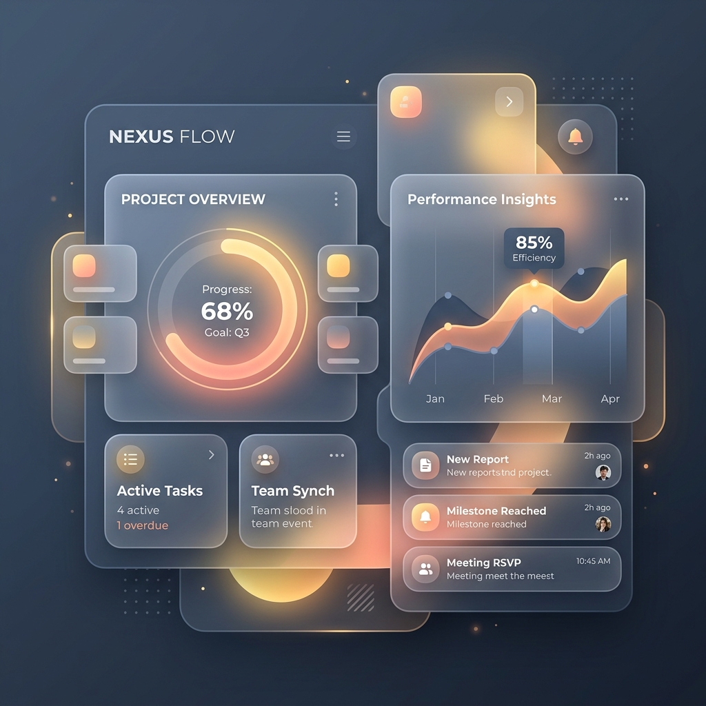 A beautifully composed, rounded and glassmorphic user interface representing a humane design sanctuary.