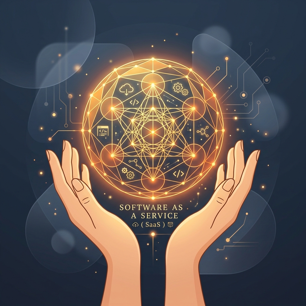 Hands gently presenting a glowing sacred saffron sphere of software service.