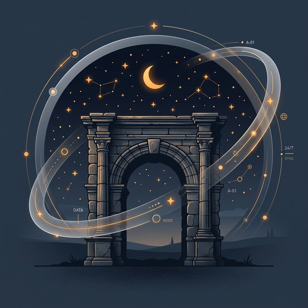 An ancient stone archway standing strong under saffron stars, representing durable static architecture.